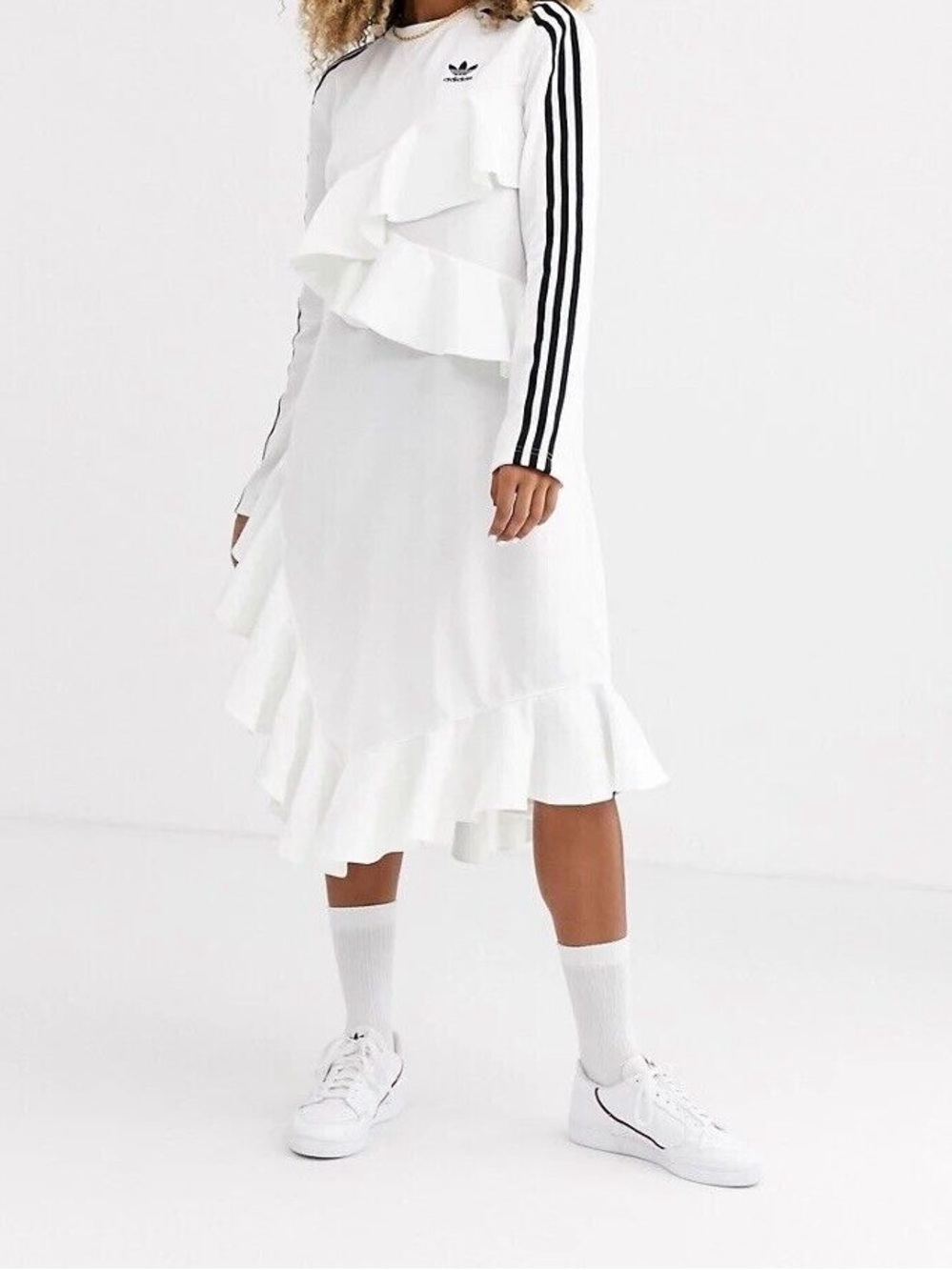adidas White Ruffle Midi Dress with Athletic Stripe Detail